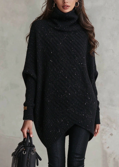 Modern Black Hign Neck Thick Patchwork Knit Sweater Fall