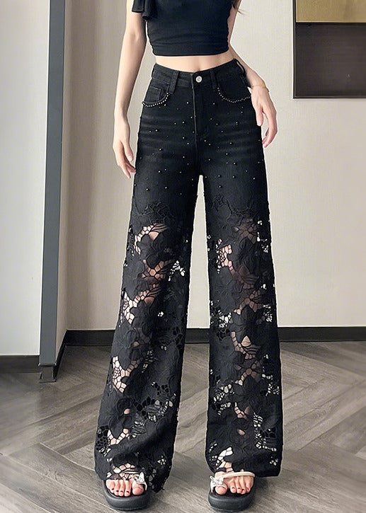 Modern Black Hollow Out Patchwork Denim Straight Pants Spring