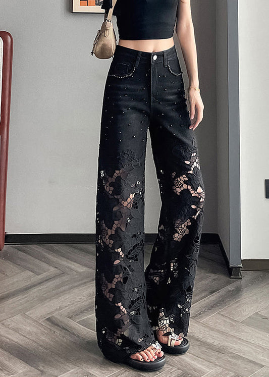 Modern Black Hollow Out Patchwork Denim Straight Pants Spring