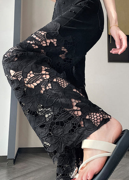 Modern Black Hollow Out Patchwork Denim Straight Pants Spring