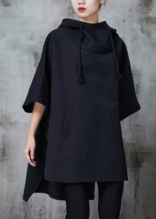 Modern Black Hooded Drawstring Cotton Loose Sweatshirts Dress Spring