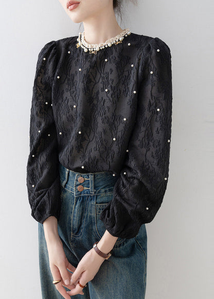 Modern Black Jacquard Nail Bead Chiffon Blouse Tops Spring