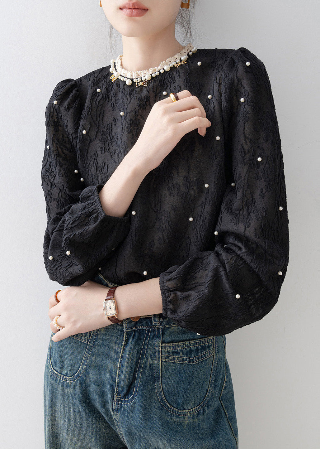Modern Black Jacquard Nail Bead Chiffon Blouse Tops Spring