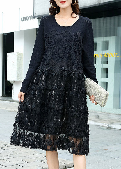 Modern Black Knit Patchwork Hollow Out Vacation Dresses Fall