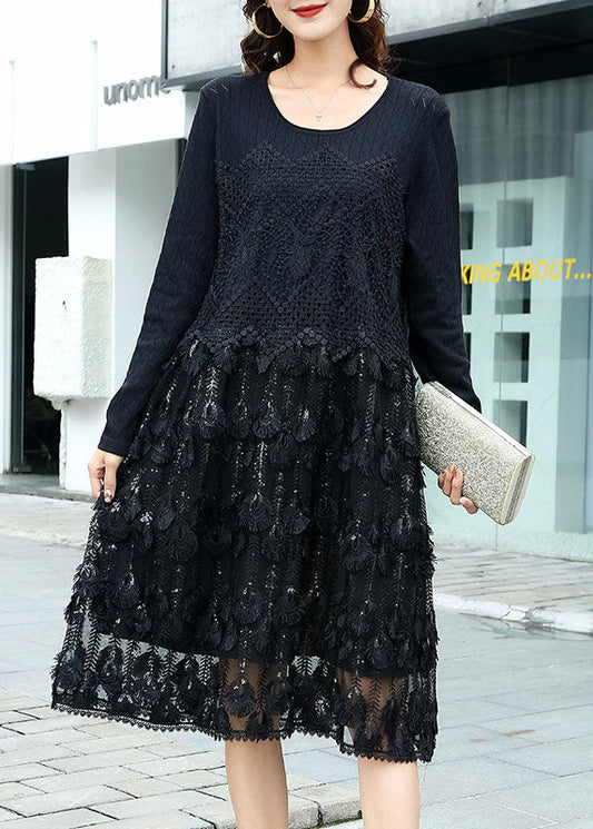 Modern Black Knit Patchwork Hollow Out Vacation Dresses Fall