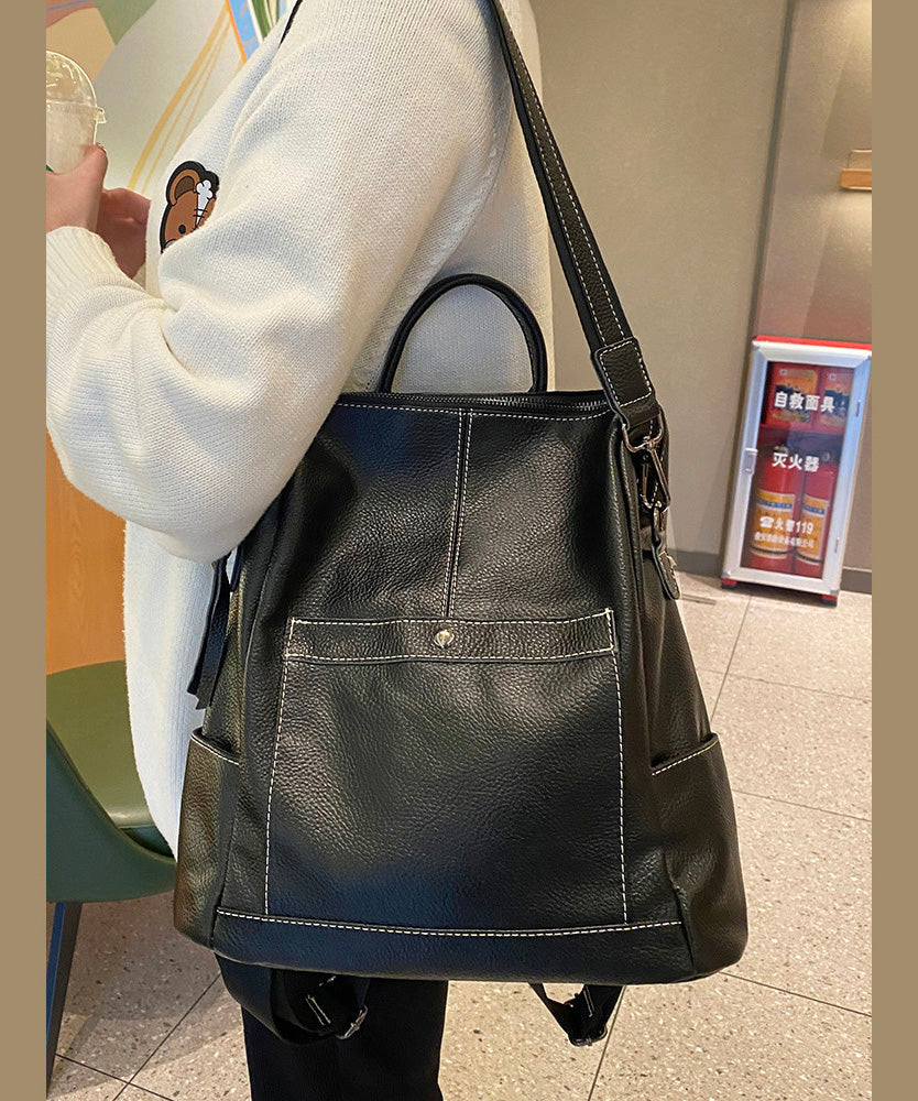 Modern Black Large Capacity Calf Leather Backpack Bag