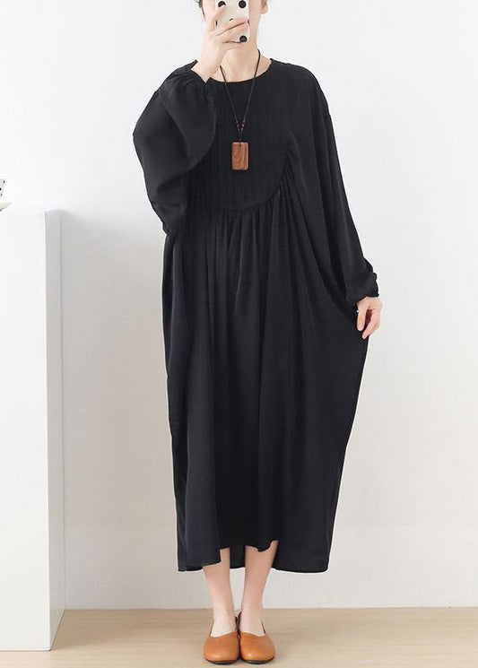 Modern Black Long Sleeve Cotton O-Neck Spring Long Dresses - SooLinen