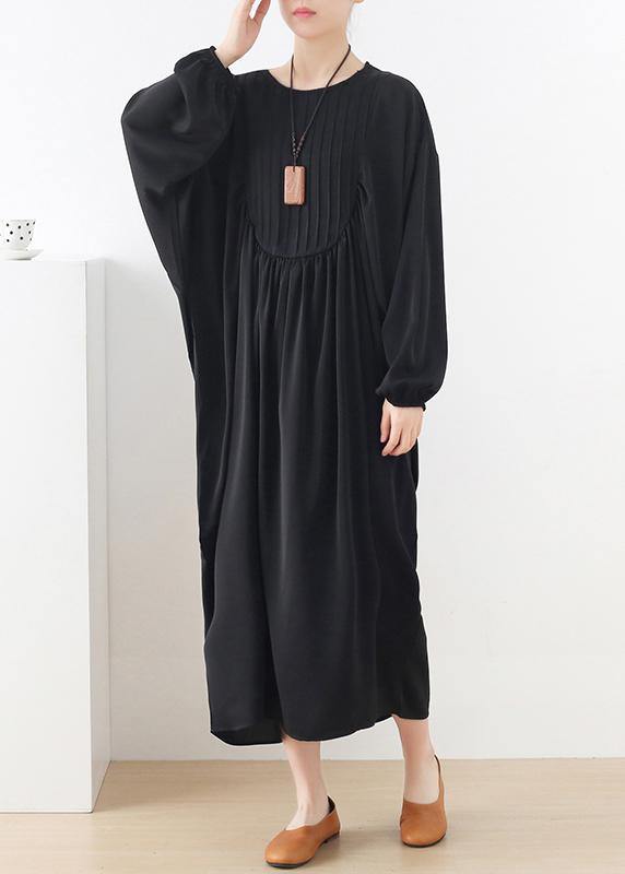 Modern Black Long Sleeve Cotton O-Neck Spring Long Dresses - SooLinen