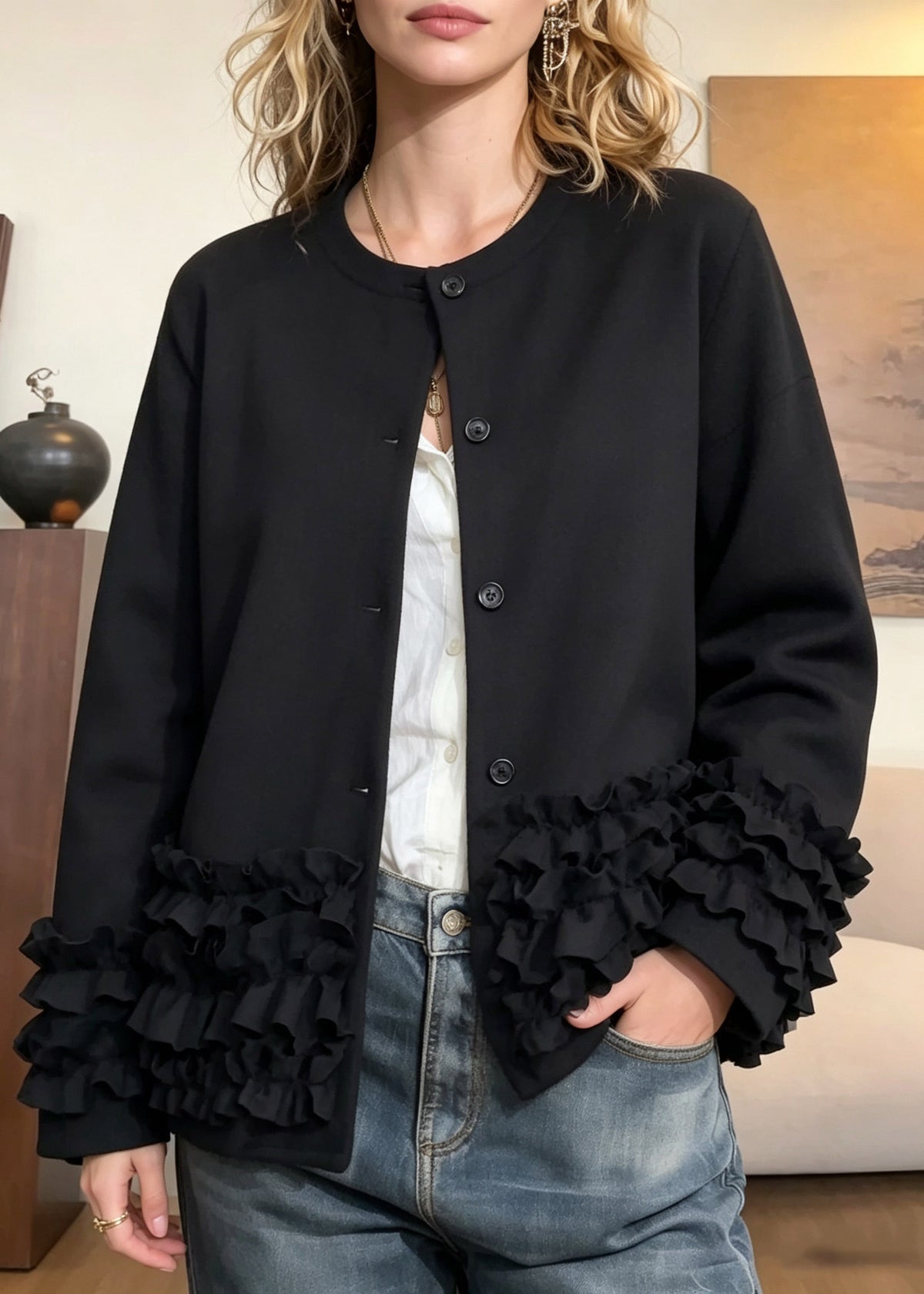 Modern Black O-Neck Button Solid Coat Fall