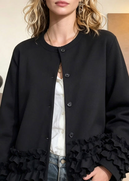 Modern Black O-Neck Button Solid Coat Fall