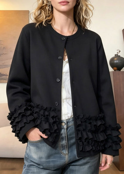 Modern Black O-Neck Button Solid Coat Fall