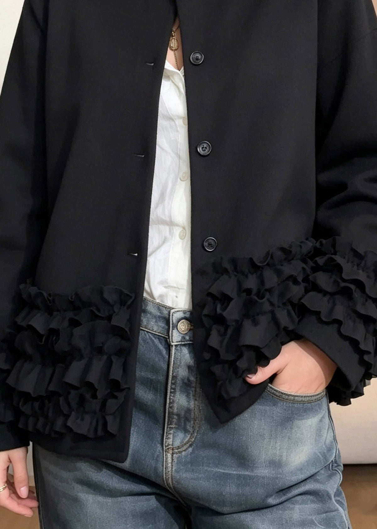 Modern Black O-Neck Button Solid Coat Fall