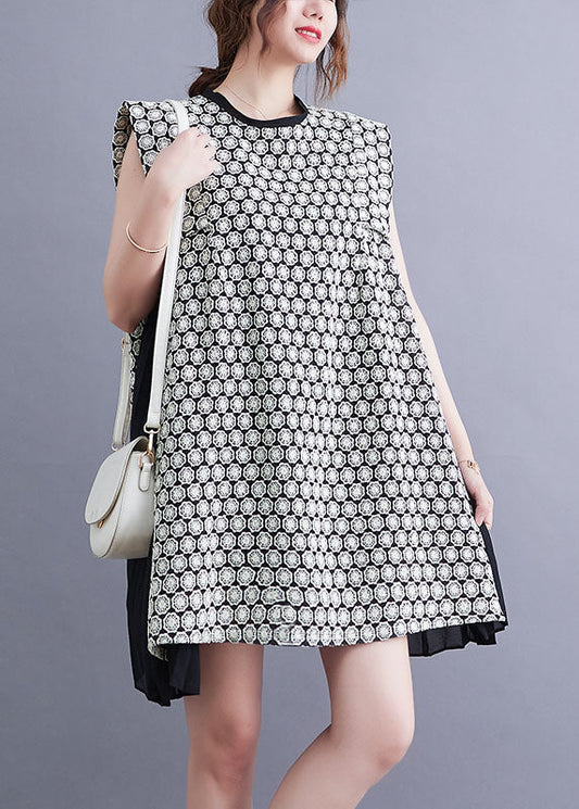 Modern Black O-Neck Chiffon Patchwork Print Cotton A Line Dress Sleeveless