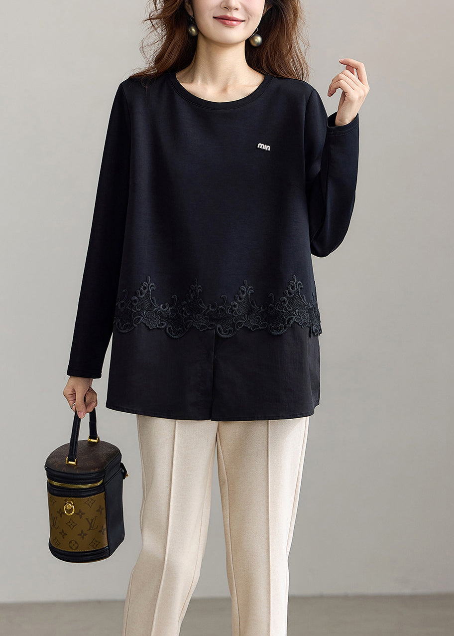 Modern Black O-Neck Lace Patchwork Shirt Tops Fall