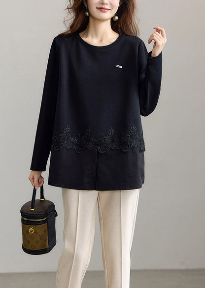 Modern Black O-Neck Lace Patchwork Shirt Tops Fall