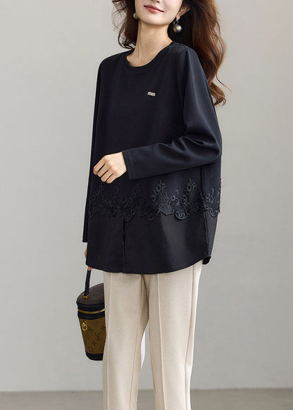 Modern Black O-Neck Lace Patchwork Shirt Tops Fall