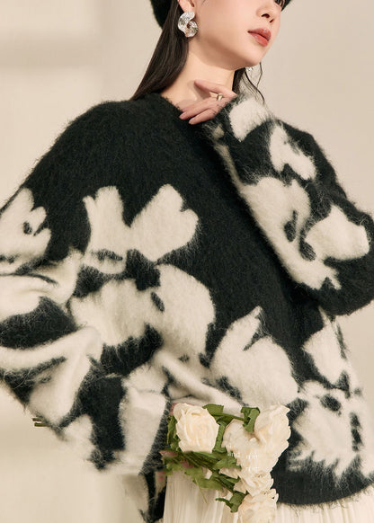 Modern Black O-Neck Print Cotton Knit Cardigan Spring