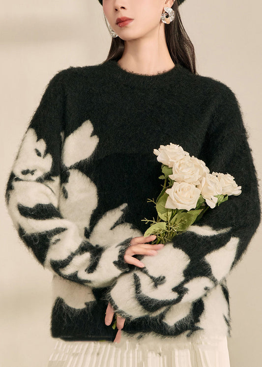 Modern Black O-Neck Print Cotton Knit Cardigan Spring