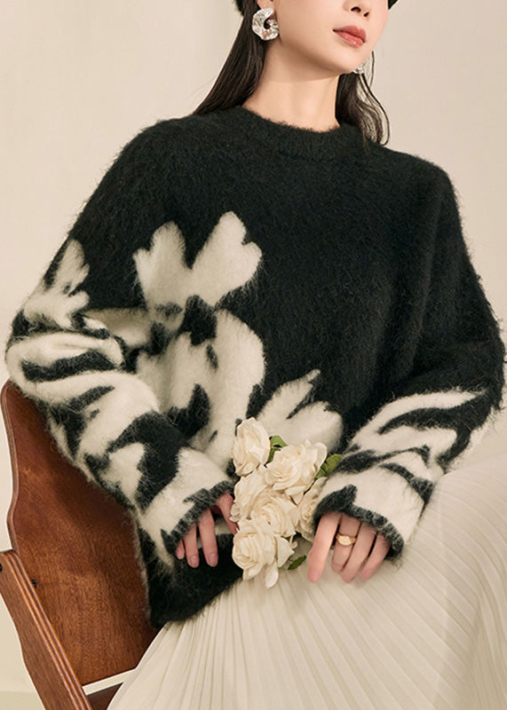 Modern Black O-Neck Print Cotton Knit Cardigan Spring