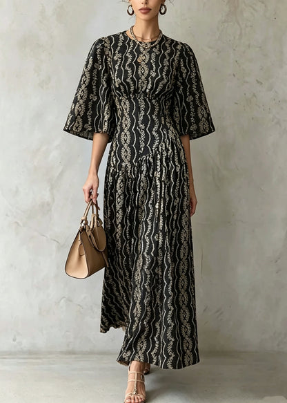 Modern Black O-Neck Print Maxi Dress Half Sleeve