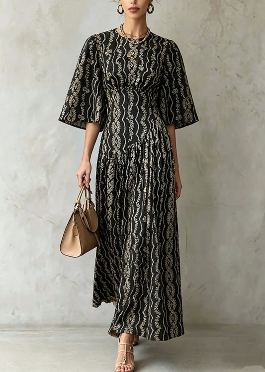 Modern Black O-Neck Print Maxi Dress Half Sleeve