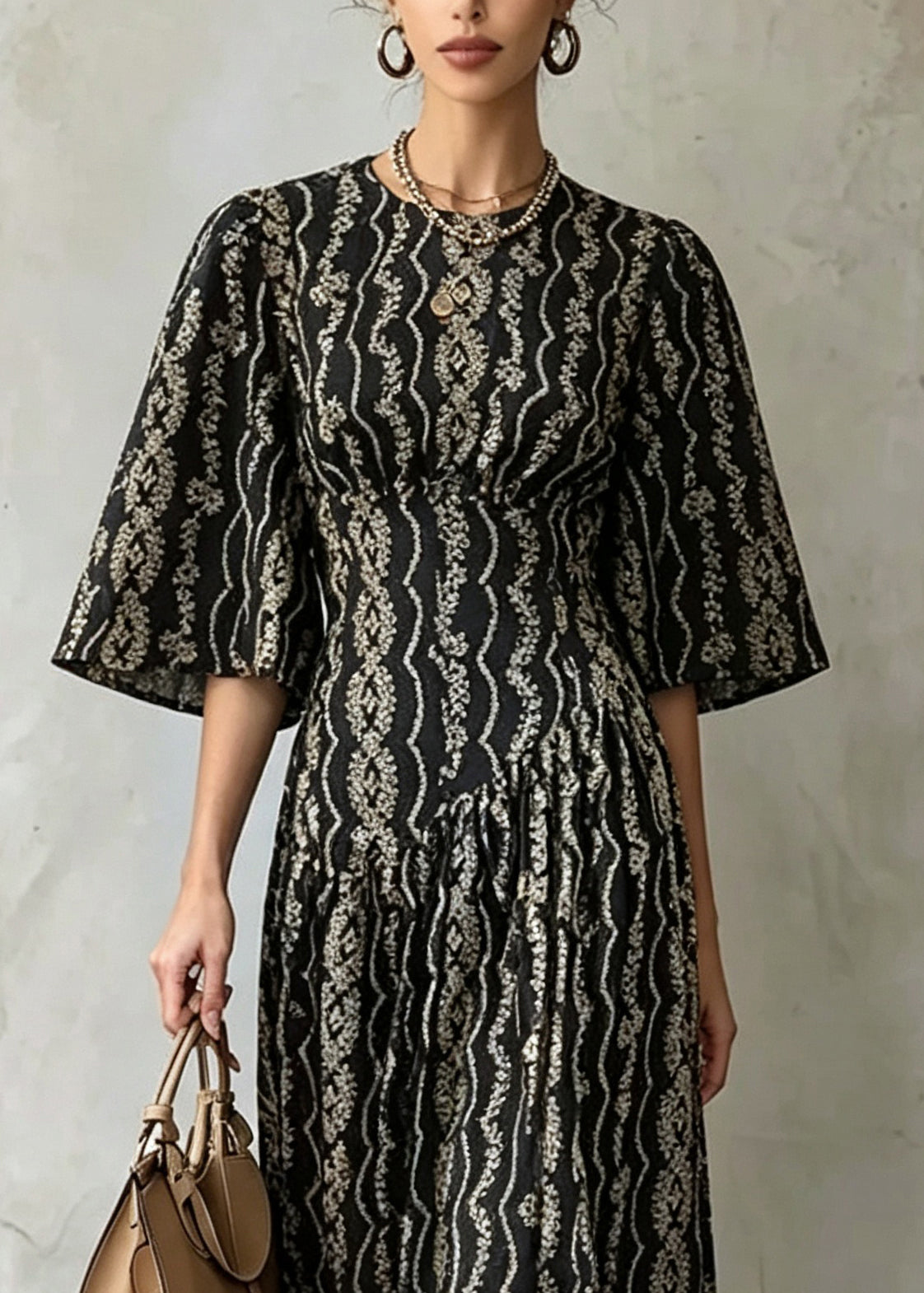 Modern Black O-Neck Print Maxi Dress Half Sleeve