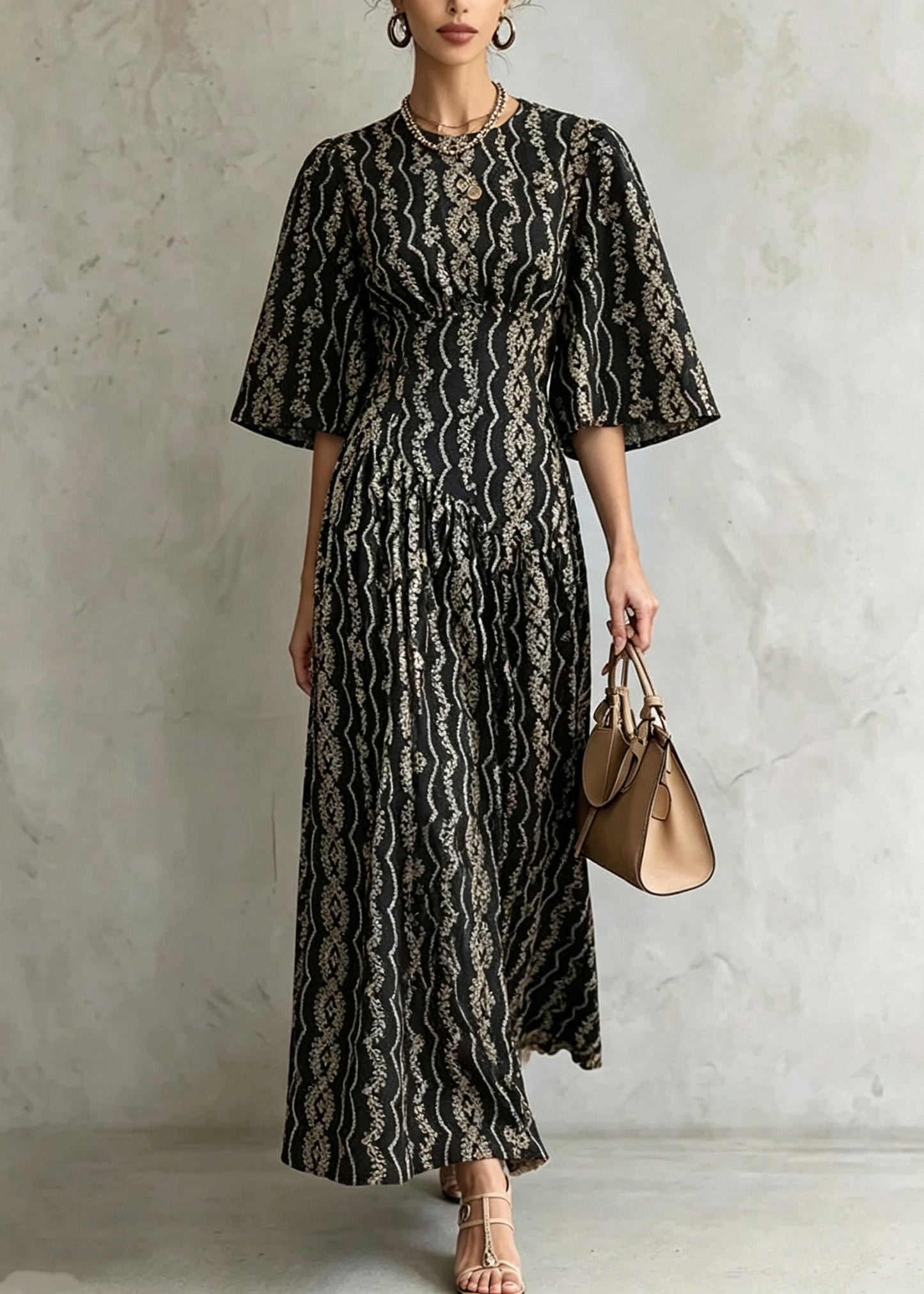 Modern Black O-Neck Print Maxi Dress Half Sleeve
