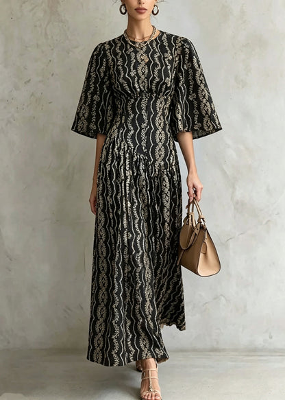 Modern Black O-Neck Print Maxi Dress Half Sleeve