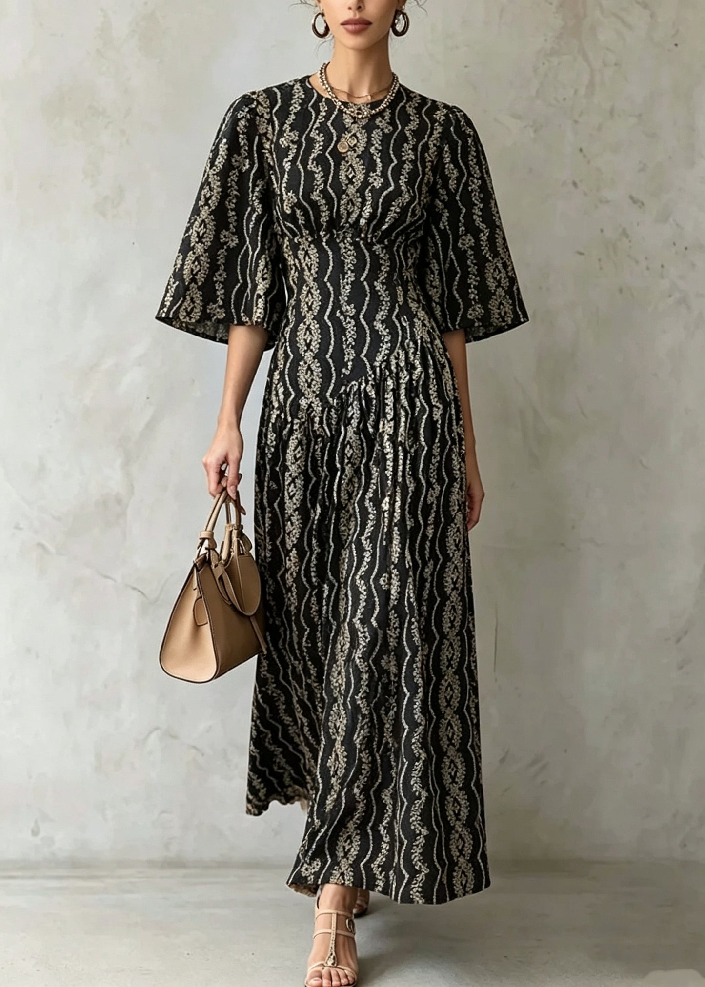 Modern Black O-Neck Print Maxi Dress Half Sleeve