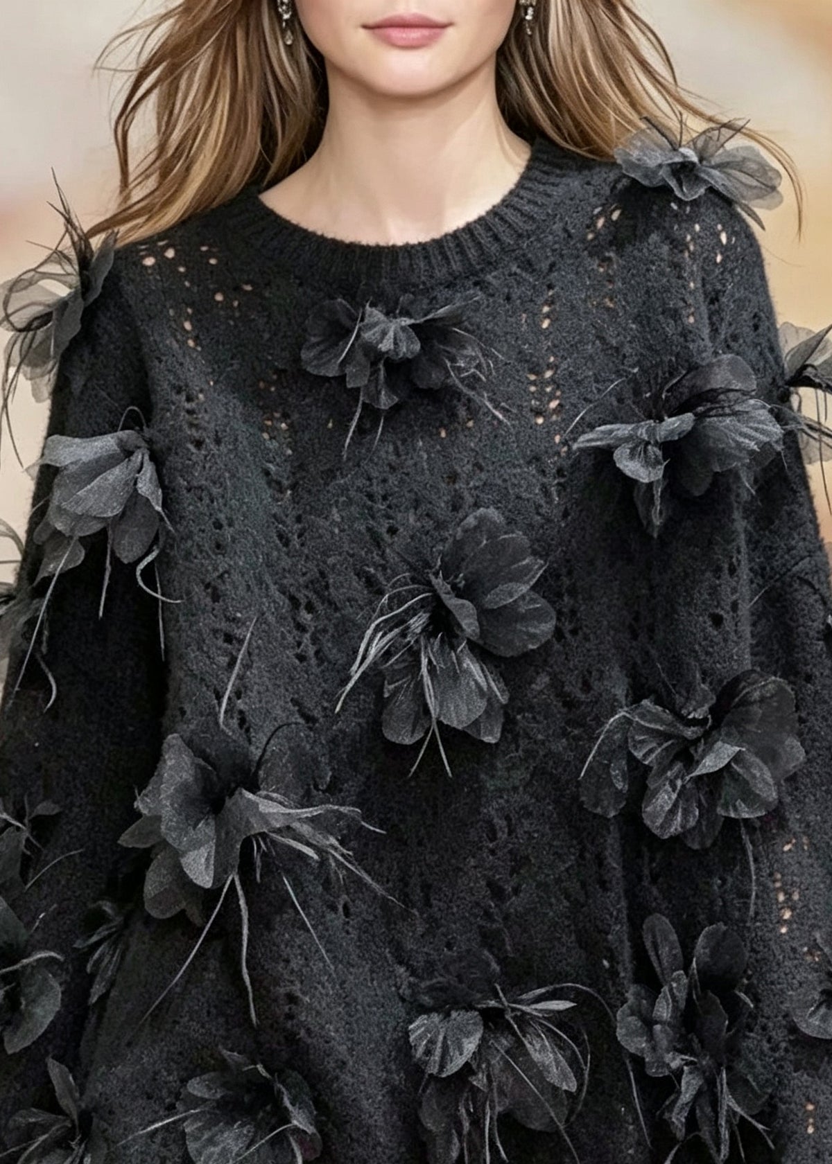 Modern Black O-NeckFloral Cotton Knit Sweaters Long Sleeve