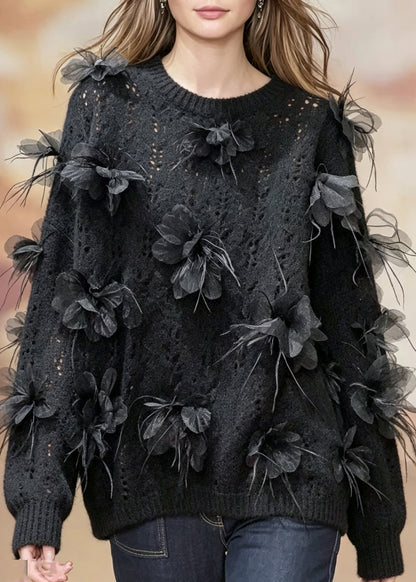 Modern Black O-NeckFloral Cotton Knit Sweaters Long Sleeve