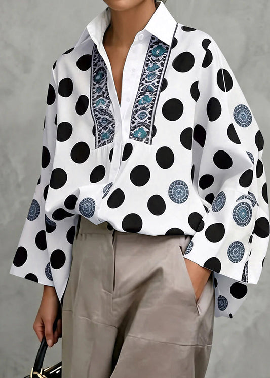 Modern Black Oversized Dot Print Cotton Blouses Fall