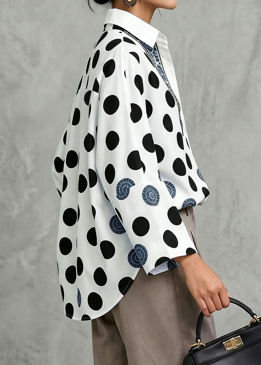 Modern Black Oversized Dot Print Cotton Blouses Fall