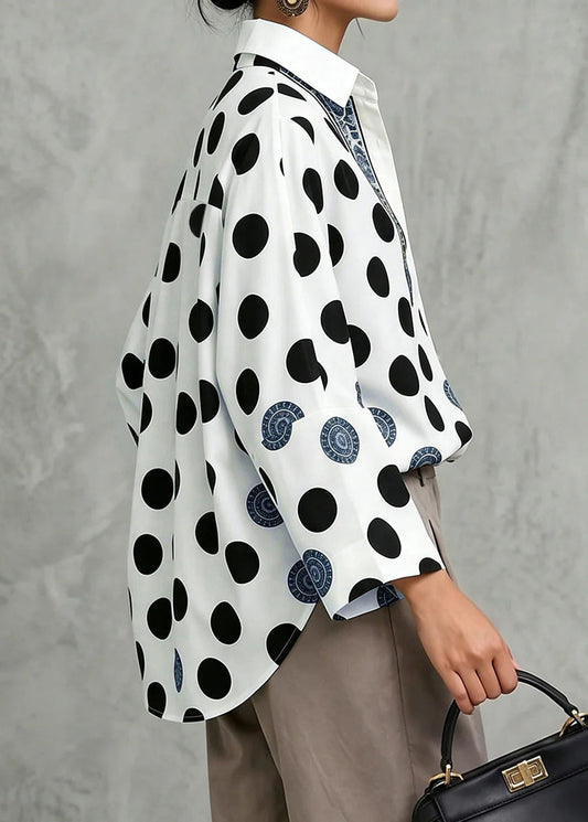 Modern Black Oversized Dot Print Cotton Blouses Fall