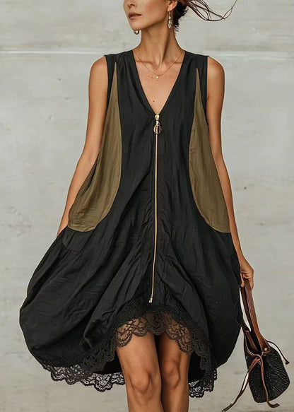 Modern Black Oversized Patchwork Lace Day Dress Summer