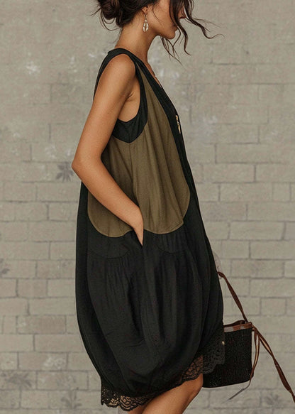 Modern Black Oversized Patchwork Lace Day Dress Summer