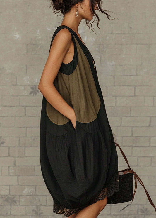 Modern Black Oversized Patchwork Lace Day Dress Summer