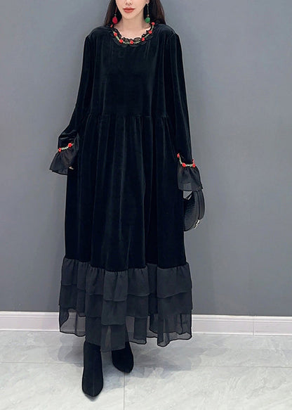 Modern Black Oversized Patchwork Silk Velvet Holiday Dress Spring