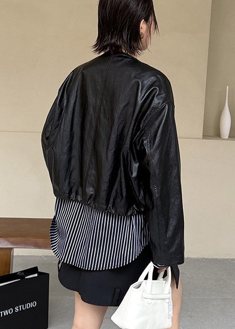 Modern Black Oversized Patchwork Striped Faux Leather Fake Two Piece Coats Fall