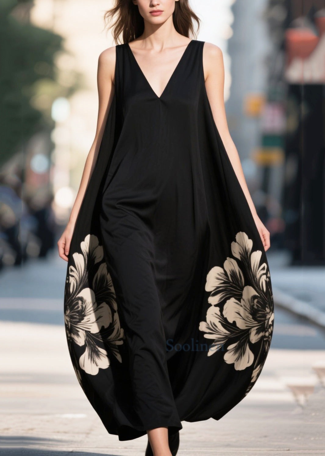 Modern Black Oversized Print Chiffon Cami Dress Summer