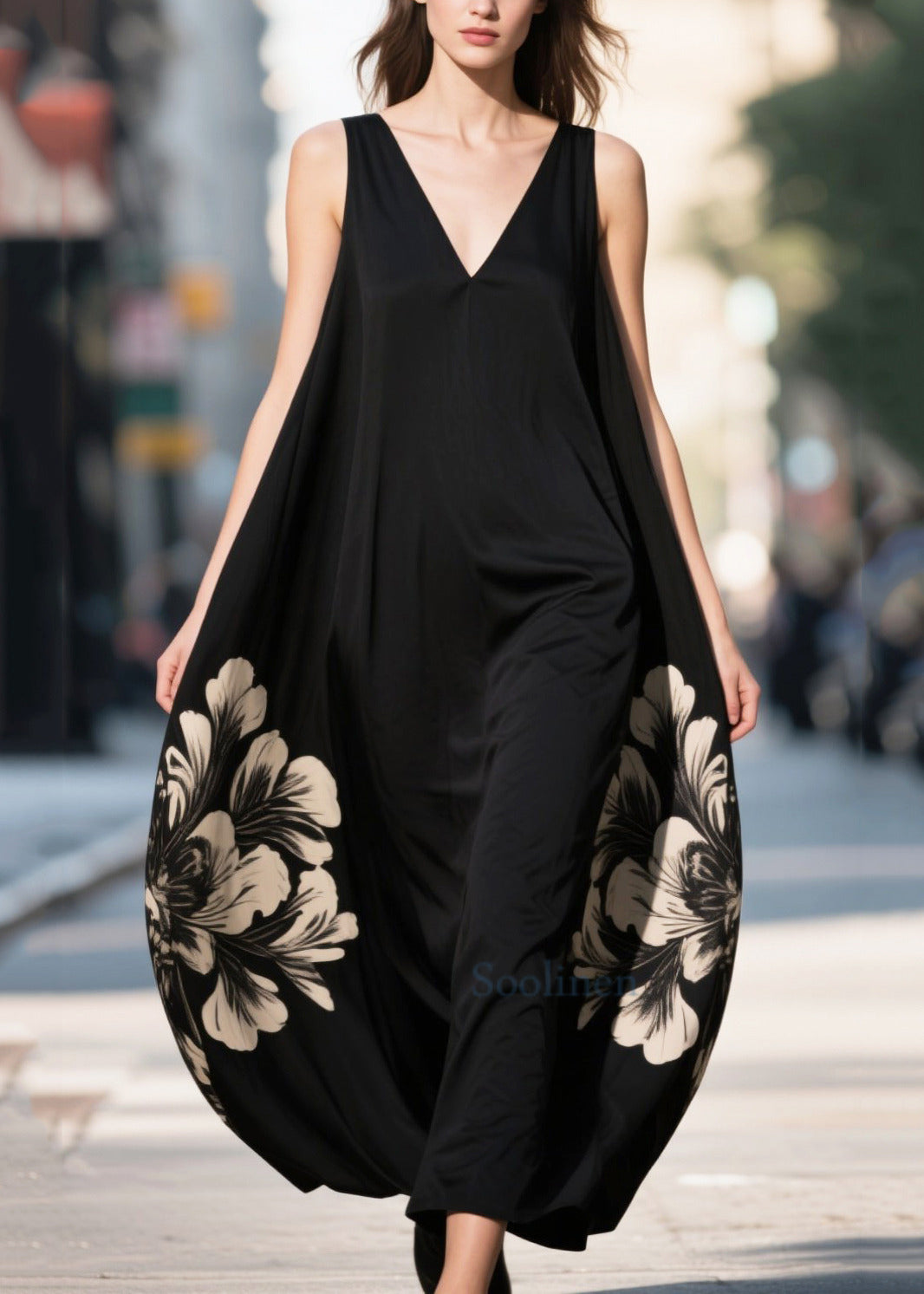 Modern Black Oversized Print Chiffon Cami Dress Summer