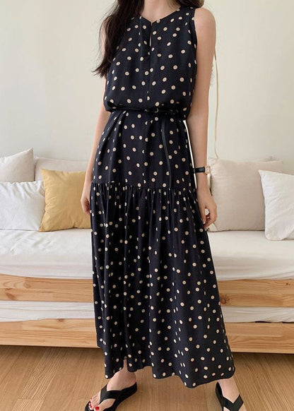 Modern Black Patchwork Dot Ankle Dress Sleeveless