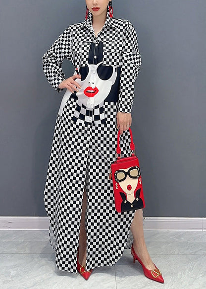 Modern Black Plaid Side Open Chiffon Shirt Dresses Spring