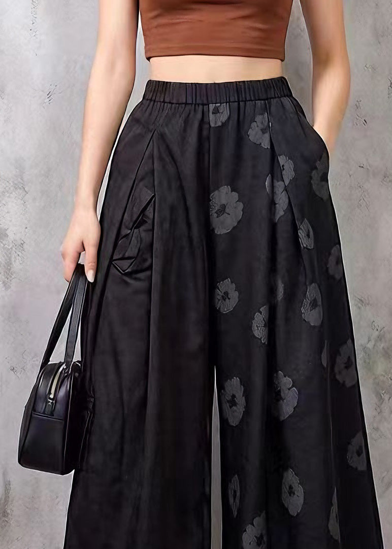 Modern Black Pockets Print Cotton Crop Pants Summer