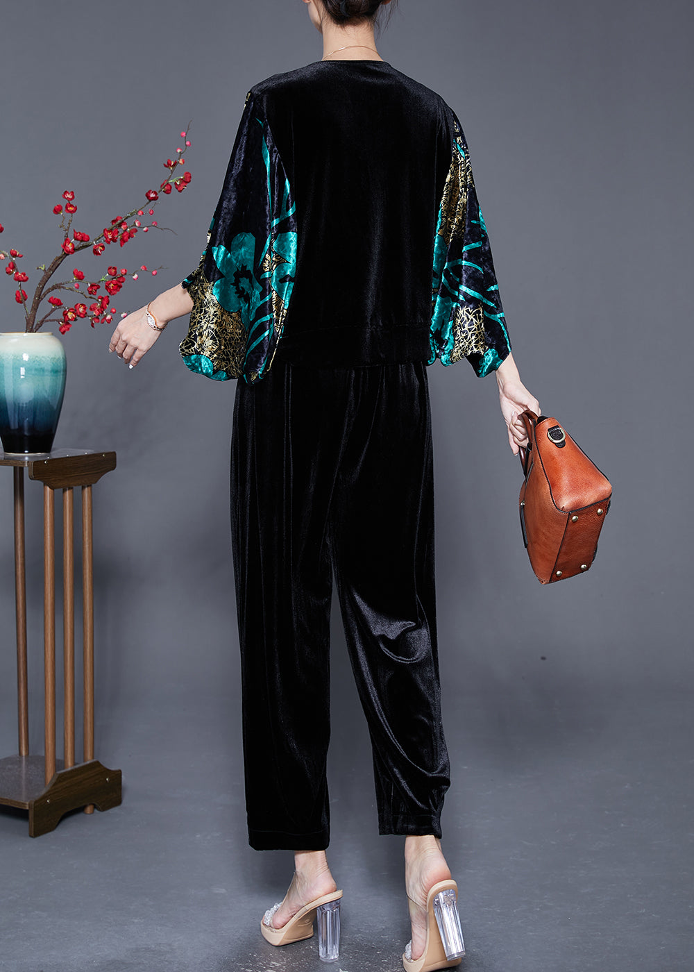 Modern Black Print Zircon Silk Velour Two Pieces Set Batwing Sleeve