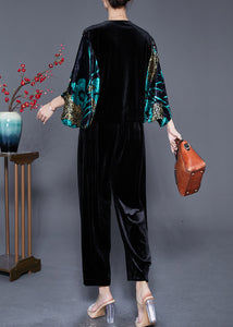 Modern Black Print Zircon Silk Velour Two Pieces Set Batwing Sleeve