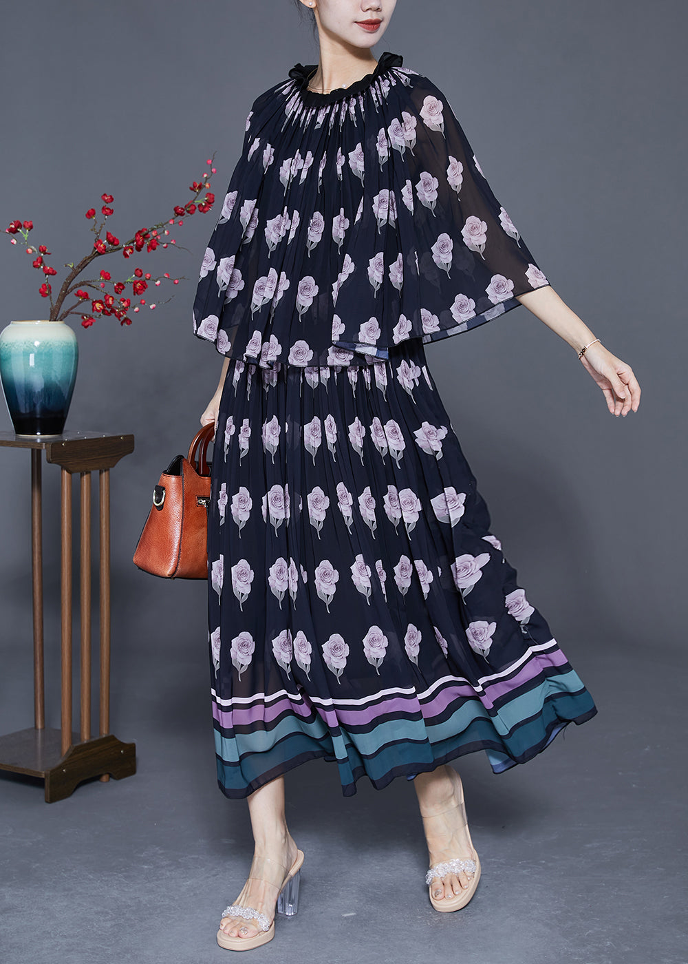 Modern Black Ruffled Print Fake Two Piece Chiffon Holiday Dress Cloak Sleeves