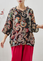 Modern Black Ruffled Print Linen Blouse Tops Summer