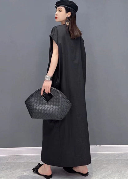 Modern Black Solid V Neck Button Pockets Cotton Long Shirt Dresses Short Sleeve