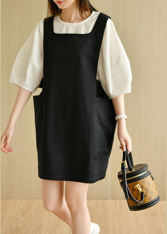 Modern Black Square Collar Pockets Summer Cotton Dresses Sleeveless - SooLinen